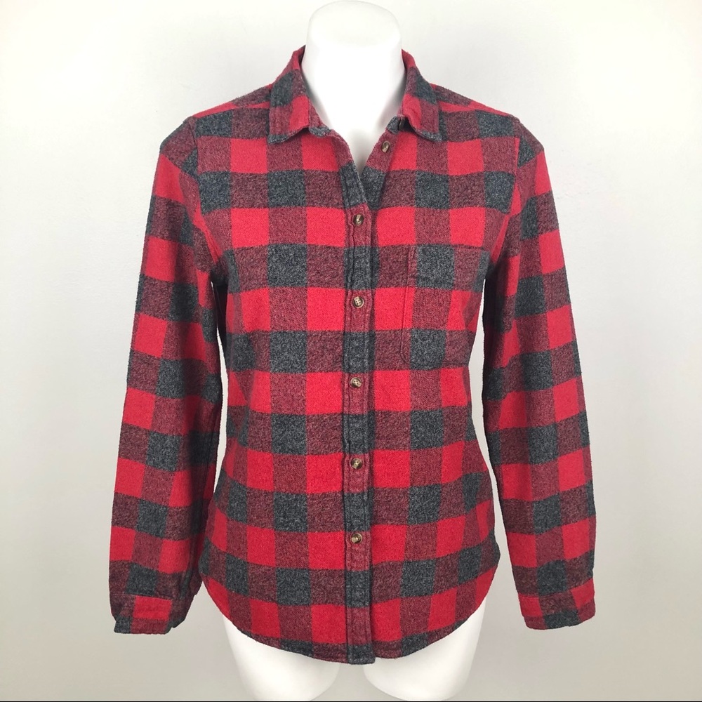 American Eagle Slim Fit Red Gray Plaid Flannel Button Down Long Sleeve M